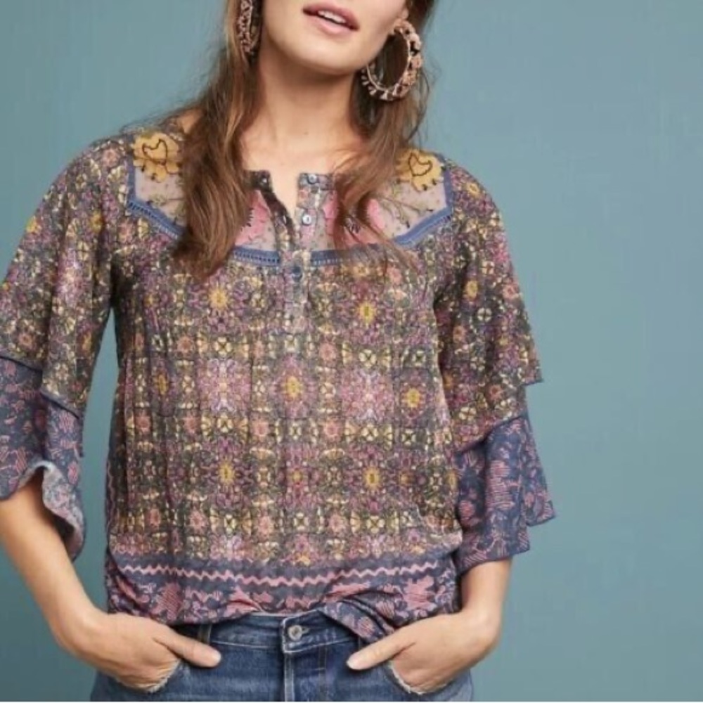 Anthropologie Postmark Ciutadella Embroidered Floral Top